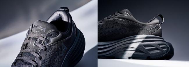 HOKA Bondi 8時尚黑耀版，鞋面網布線條與中底鞋緣設計較前代 Bondi 7 更顯流線，33mm 厚底外型創造視覺增高與修身效果