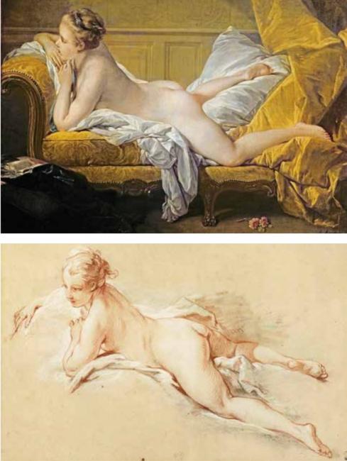 上圖：油畫《沙發上的奧達麗斯克》，下圖：素描《宮女》 作者：弗朗索瓦．布歇。布歇是18世紀法國洛可可繪畫藝術的代表人物，其作品情色意味濃厚。對比兩幅畫中女子腰部臀部之間脂肪堆積的不同，上圖女子腰骶部和