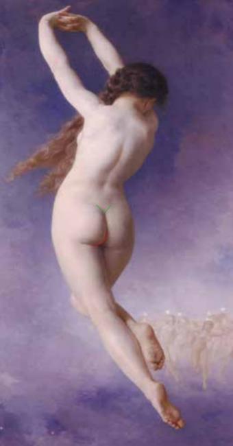 油畫《消失的普勒阿得斯》，作者：威廉．阿道夫．布格羅。畫中女子具有比例適中的臀部和圓潤的曲線，符合大眾傳統的審美。想實現臀皺襞由內向下外側傾斜（圖中紅線所示），使臀部內側和兩大腿之間形成菱形空隙，就需